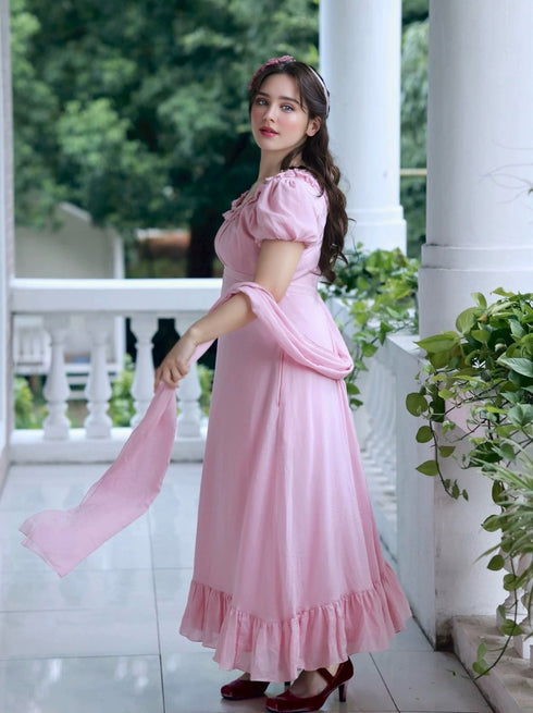 Pink Regency Era Dress with Ruffled Neckline and Puff Sleeves – Bridgerton Inspired Dress Plus Size